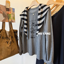 大码240斤配披肩吉他米奇纯棉宽松长袖T恤女装胖MM上衣休闲设计感