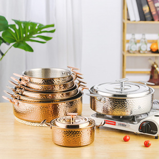 Restaurant Three-Layer Steel Hammered Hot Pot Pot Large-Capacity Clear Soup Pot Golden Induction Cooker 304 Stainless Steel Hot Pot Pot