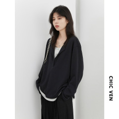 3127# CHIC VEN初秋新款慵懒感撞色假两件针织T恤宽松落肩长袖女