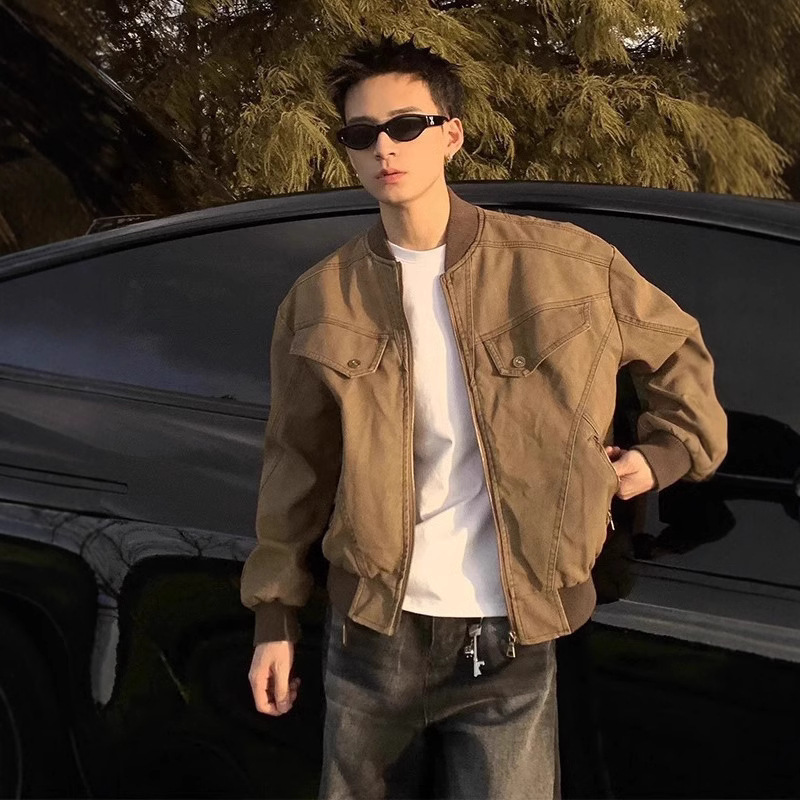 cleanfit Brown Short Harrington Jacket American Retro Crock Jacket Men's Trendy Brand Aviator Baseball Suit