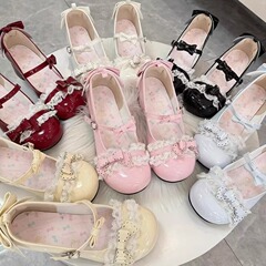 [Sweetheart Peach] スイートカレッジスタイルロリータラウンドトゥローシューズ女性用2025新作リボン太ヒールシューズ