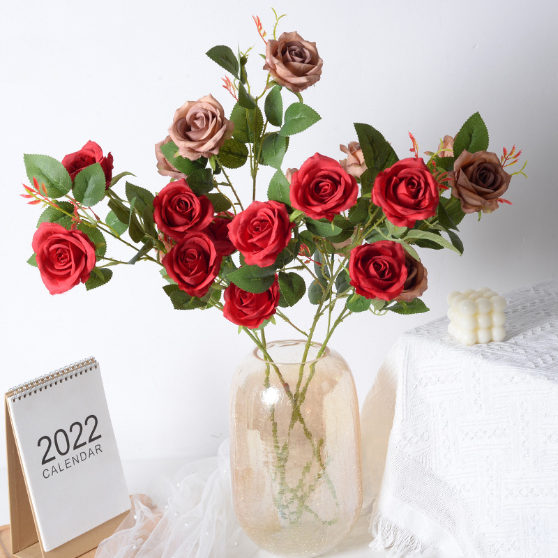 Rosa artificial 5-cabeza París Rosa Día de San Valentín Hotel decoración de la boda falsa Flor de seda artificial al por mayor