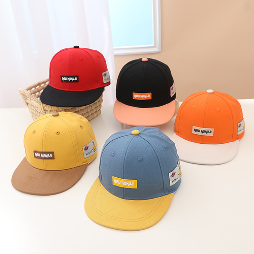  Spring New Children's Duckbill Hat Wholesale Korean Style Leather Brand Hip-Hop Hat Color Block Flat Brim Baseball Cap