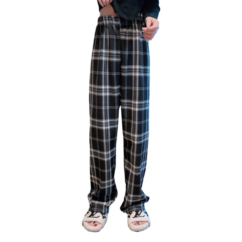 Pantalones a cuadros rosa de Cachemira Pantalones anchos pantalones de mujer de otoño e invierno forrados de lana gruesa cintura alta adelgazamiento drapeado pantalones Casuales image 1