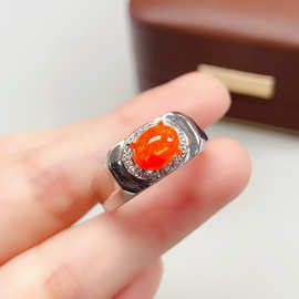 跨境男戒天然火欧泊戒指女配饰小众高级感925银饰6*8时尚工厂直销