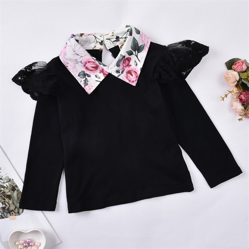 Lace Flounced Sleeve Lapel Long Sleeve Top Girls' Autumn Printing Skirt Suit 2021 Autumn New Children's Clothing display picture 1