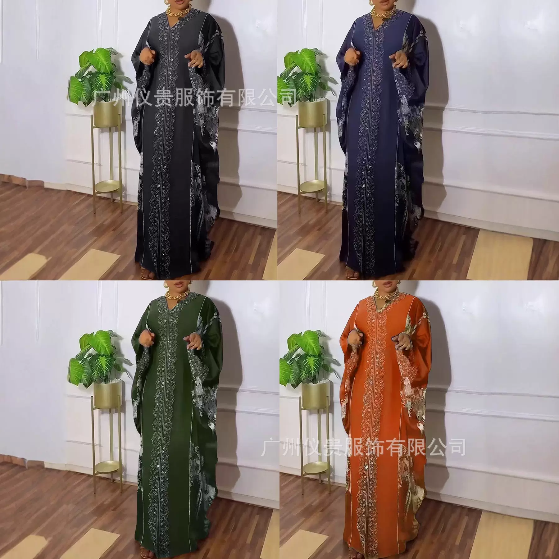 跨境欧美大码优雅连衣裙中东烫钻长袍女装穆斯林新款v领长裙