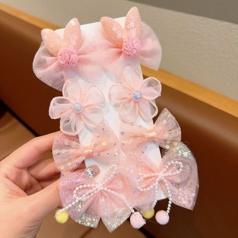 子供用リボンヘアピン春夏女の子メッシュ前髪クリップ4ペアセットフラワーリボンサイドクリップヘッドバンド|undefined
