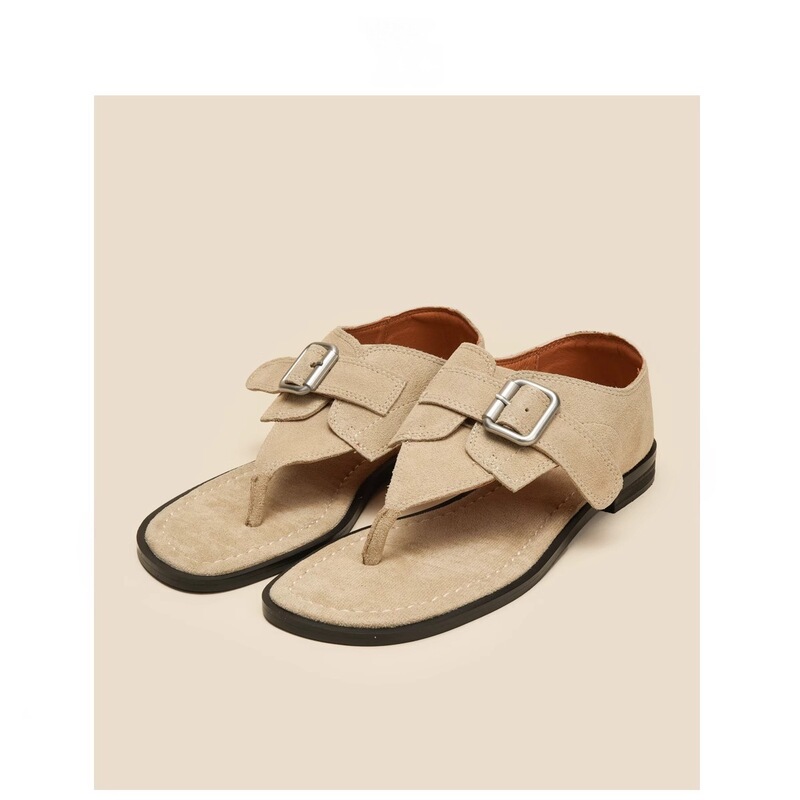 Designer Belt Buckle Flip-Flops for Women 2026 Summer New Style Frosted Square Toe Silhouette Sandals Thong Flat Slippers