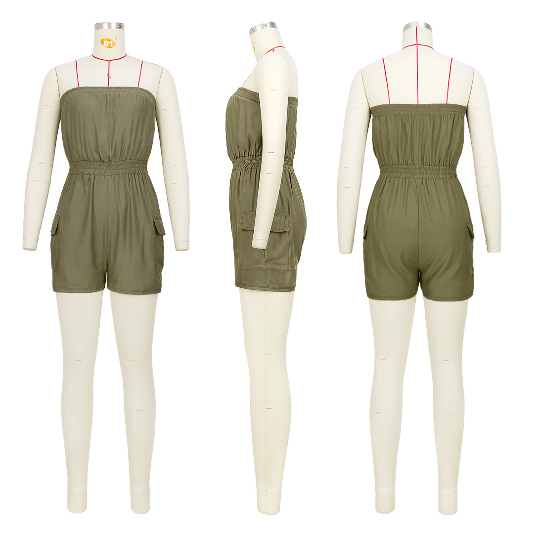 Women Clothing Sexy Comfortable Solid Color Chest Wrapped Organ Pocket Jumpsuit
