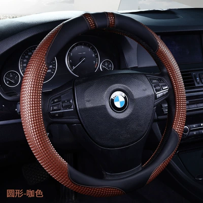 Steering wheel cover, breathable, all-season leather car steering - brown-round-shape-36cm-custom