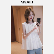 小谷粒无忧娃娃衫 法式无袖上衣女夏新款木耳边时尚气质百搭衬衫