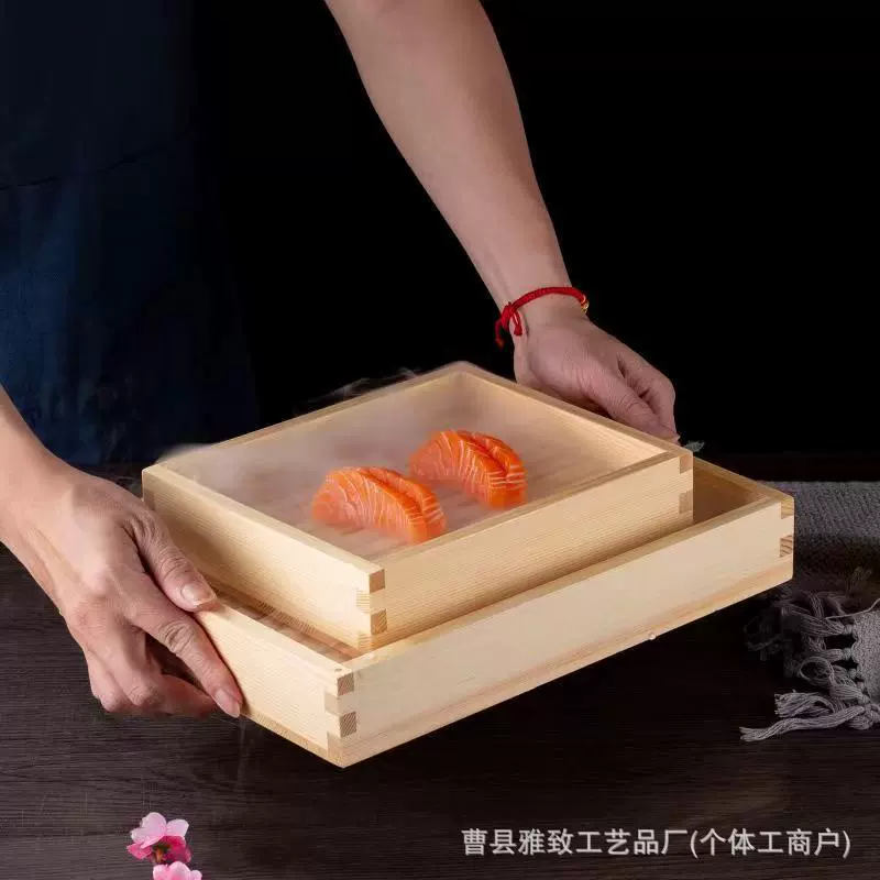 Японский стиль сашими, свежая коробка прямоугольная наружная стойка для суши с жареной птицей, коробка для упаковки деревянная коробка для лосося с крышкой