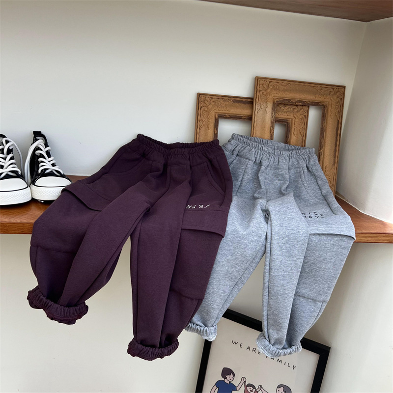 Pantaloni da lavoro e da sport per bambini autunnali 2024 per ragazzi e ragazze, tinta unita, con grandi tasche e lettere_voghion.com