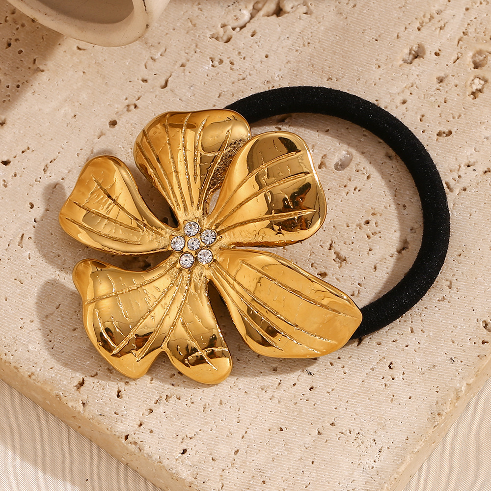 Unisex Mode temperament nische retro persönlichkeit haar zubehör edelstahl vergoldet blumen mit diamant haar seil weibliche_voghion.com