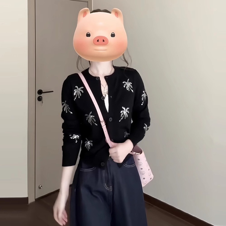 小众货源黑色亮片刺绣针织衫开衫女秋季修身显瘦圆领长袖上衣毛衣|undefined