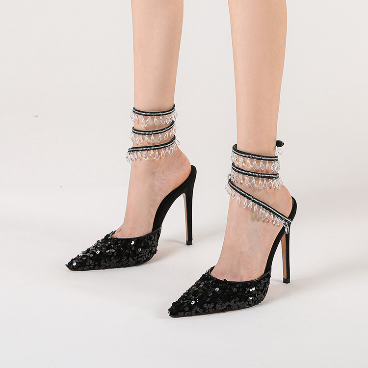 2024 Summer New Classic Elegant Sequin Stiletto Pumps Rhinestone Tassel Pointed Heel Sandals Women's Shoes 2024 Summer New Classic Elegant Sequin Stiletto Pumps Rhinestone Tassel Pointed Heel Sandals Women's Shoes