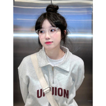 冬季美式复古polo领卫衣女新款加绒加厚纯棉半拉链洋气显瘦上X20