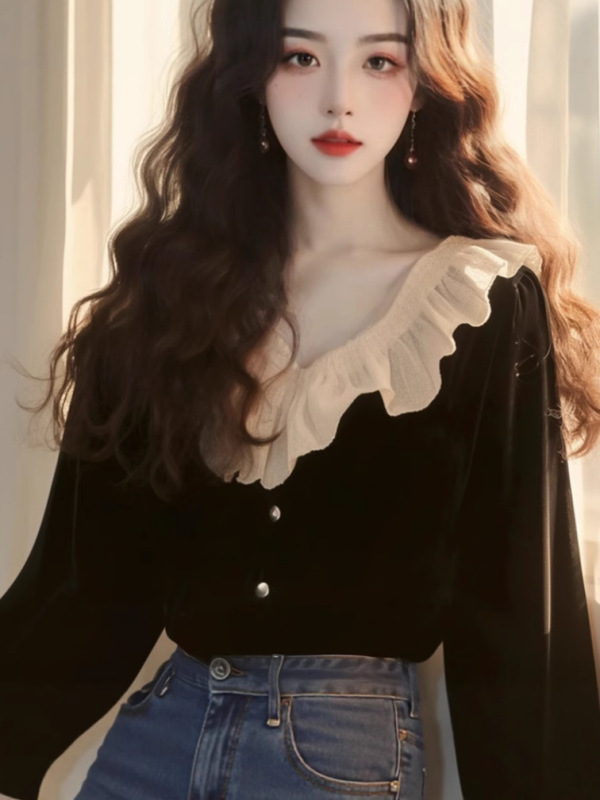 法式赫本风黑色丝绒上衣女2025早秋新款绝美荷叶边独特超好看衬衫|undefined