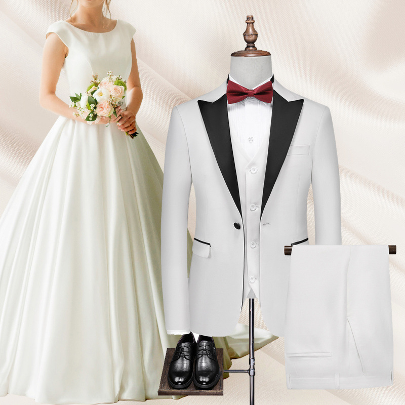 Herrenbekleidung Anzug des Bräutigams und des Trauzeugen dreiteiliger Anzug mit weißem, grünem Obstkragen und Pistolenrevers, Hochzeitskleid, Geschäft für Fotografie, Herrenkleid_voghion.com