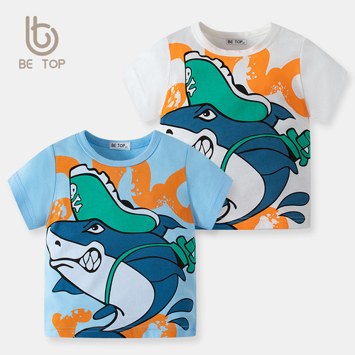 Children's cartoon shark t-shirt for boys, summer children's short-sleeved T-shirt, pure cotton, baby round neck top, drop shipping one piece.