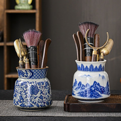 老陶泥青花瓷茶道六君子功夫茶具用品配件山水畫陶瓷泡茶工具茶刀