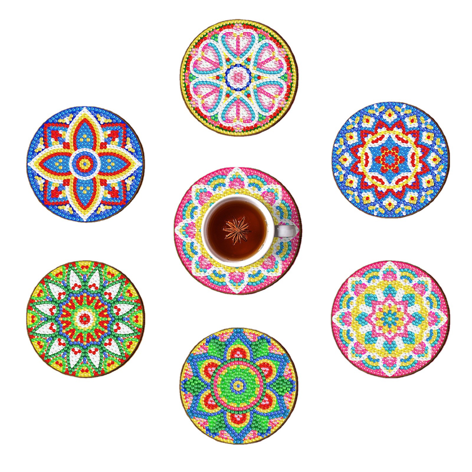Accesorios para pintura de diamantes DIY: Posavasos de mandala con pegatinas de diamantes y bordados, con soporte para tazas. Posavasos de gran venta transfronteriza disponibles para venta al por mayor.