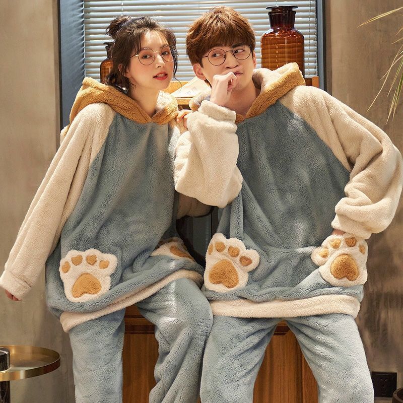 YI ROU QING 가을과 겨울 남자와 여자를위한 두꺼운 플란넬 커플 잠옷 따뜻한 산호 양털 겨울 홈 옷