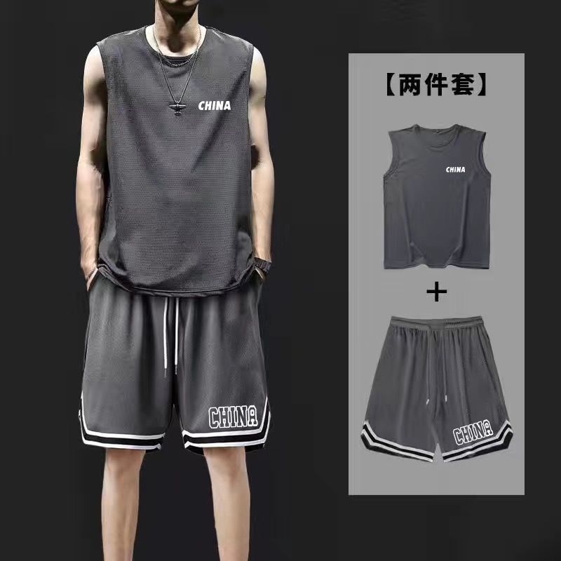 アイスシルクスポーツベストショーツスーツメンズ夏ランニングフィットネス大きいサイズ速乾性ノースリーブベストバスケットボールルーズ|undefined