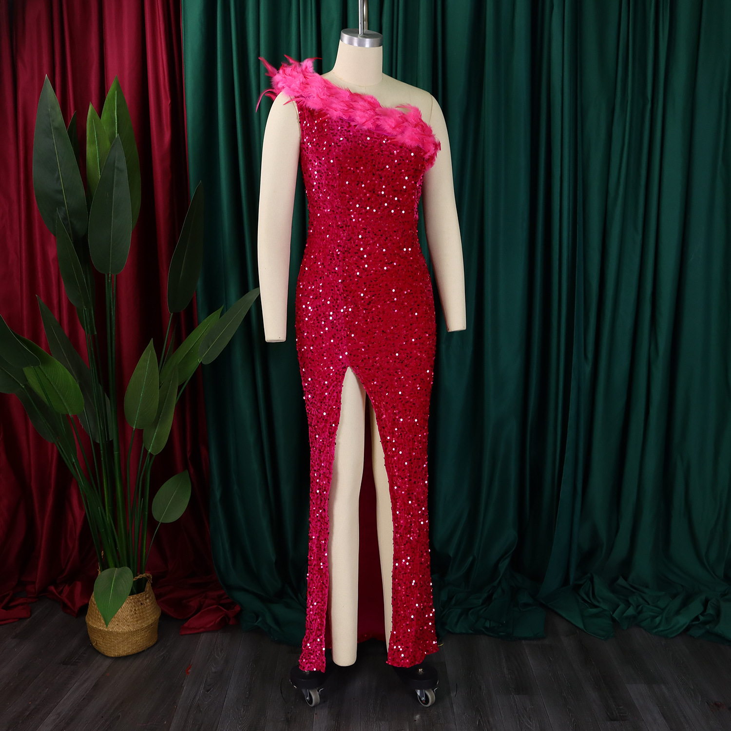 Women's Clothing women's summer sexy fashion feather oblique collar banquet dress skirt sequin slit long skirt_voghion.com