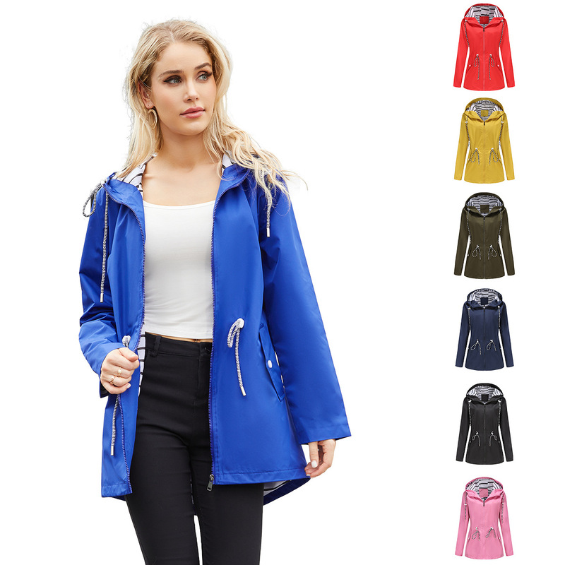 2025 Europe and the United States new long sleeve anti-splashing long trench coat women's hooded raincoat cross-border plus size women's stripes