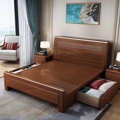 胡桃木実木ベッド耐久性中型ベッド1.5メートル家庭用シンプルな二人寝室の軽い贅沢な収納高箱結婚ベッド