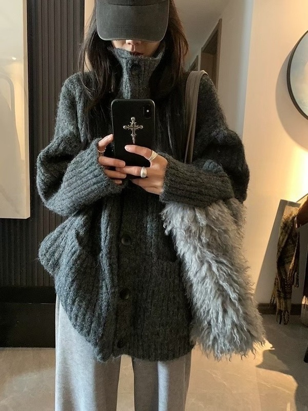 韩系慵懒复古立领毛衣外套女秋冬新款高级感宽松大版软糯针织开衫|undefined