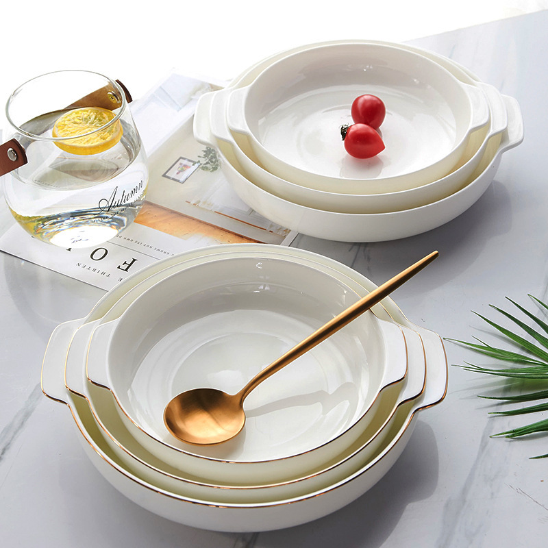 純白の骨磁器の金辺の両耳の巣の皿の陶磁器の家庭用の料理の皿のアイデアの円形の深い皿の取っ手のスープの皿は印字することができます。|undefined
