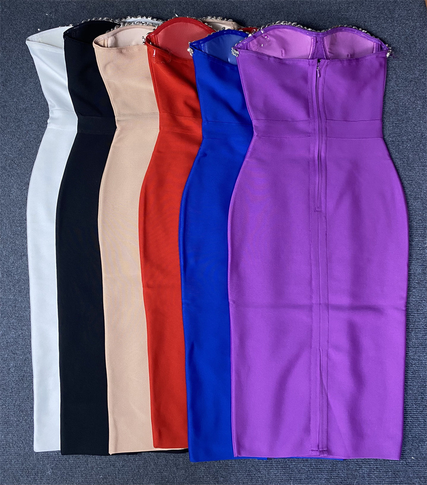 Roupas femininas Top Sexy Decoração de Diamantes Quadril Abraçando Slim Fit Bandage Vestido Midi_voghion.com