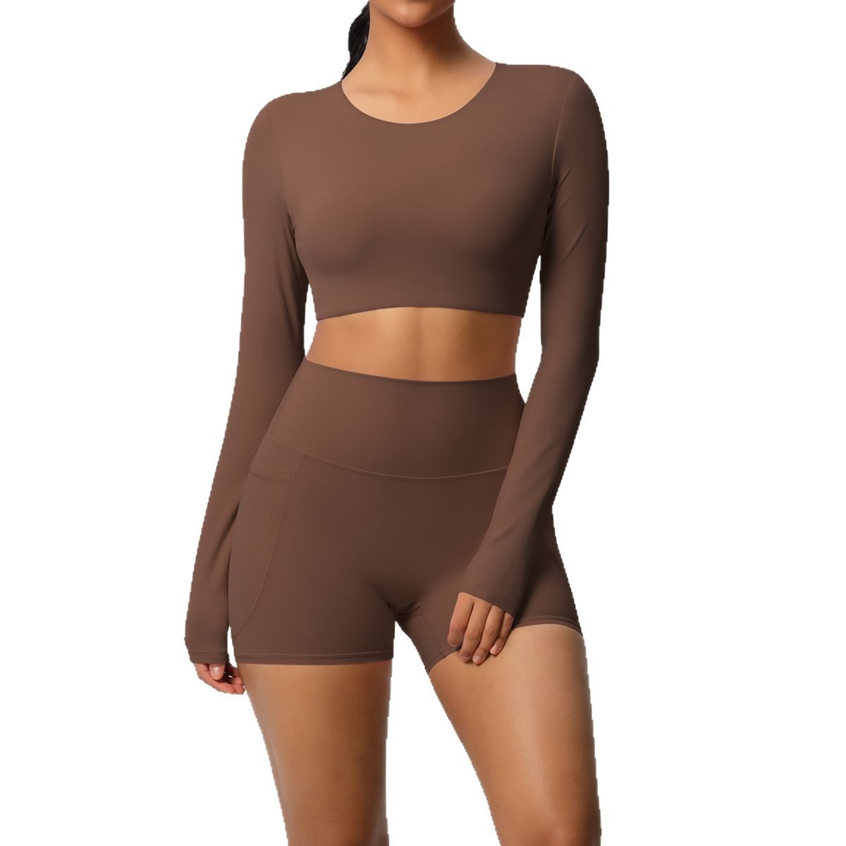 Transfronterizos europeos y estadounidenses de color sólido de doble cara nylon molido con peito conjunto de ropa deportiva de ejercicio de dos piezas conjunto de mujeres
