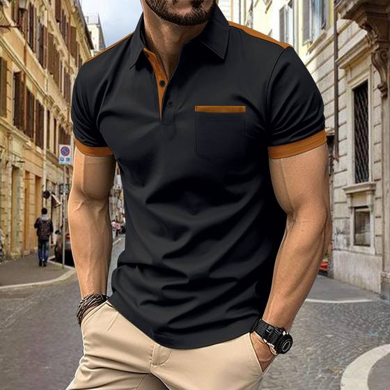 Amazon New Cross-border Men's Casual POLO Shirt Chest Pocket Lapel Button Stitching Color All-match T-shirt