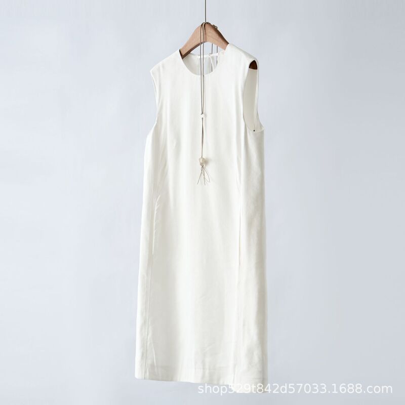 Same Source as Cabinet Goods! Wooden Cabinet 2.3K~2025 Summer New Linen Sleeveless Retro White Straight Dress for Women