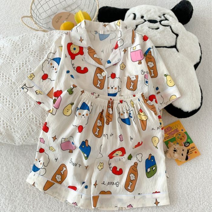 Pijama mujer nube algodón de manga corta pantalones cortos cardigan solapa de verano apertura en vivo dibujos animados transfronterizos dulce traje de servicio a domicilio