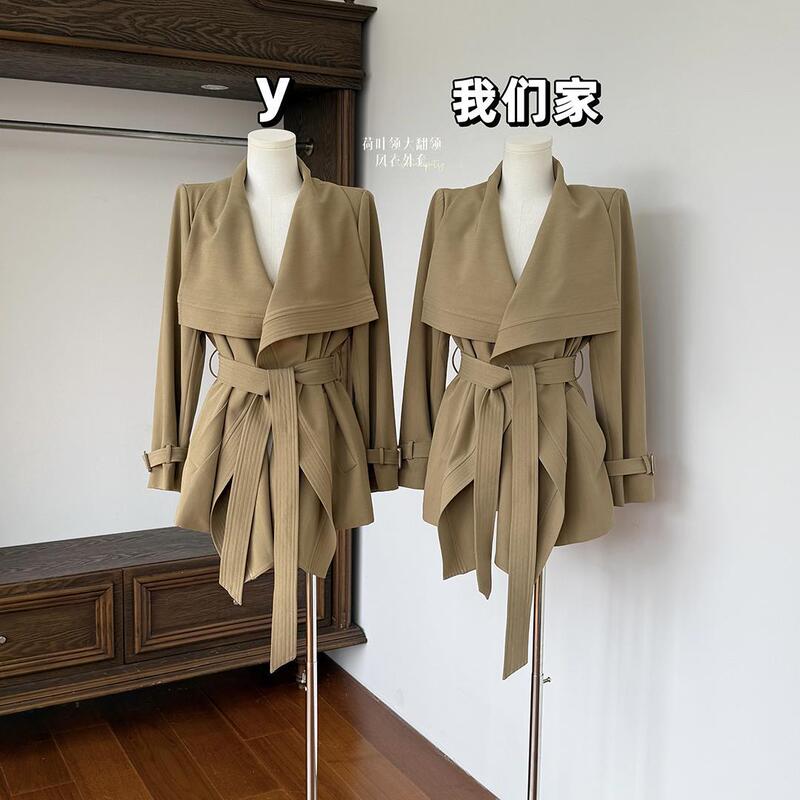 白水女 北川景子美神蝴蝶结风衣外套 秋季韩系女短款卡其色外套|undefined