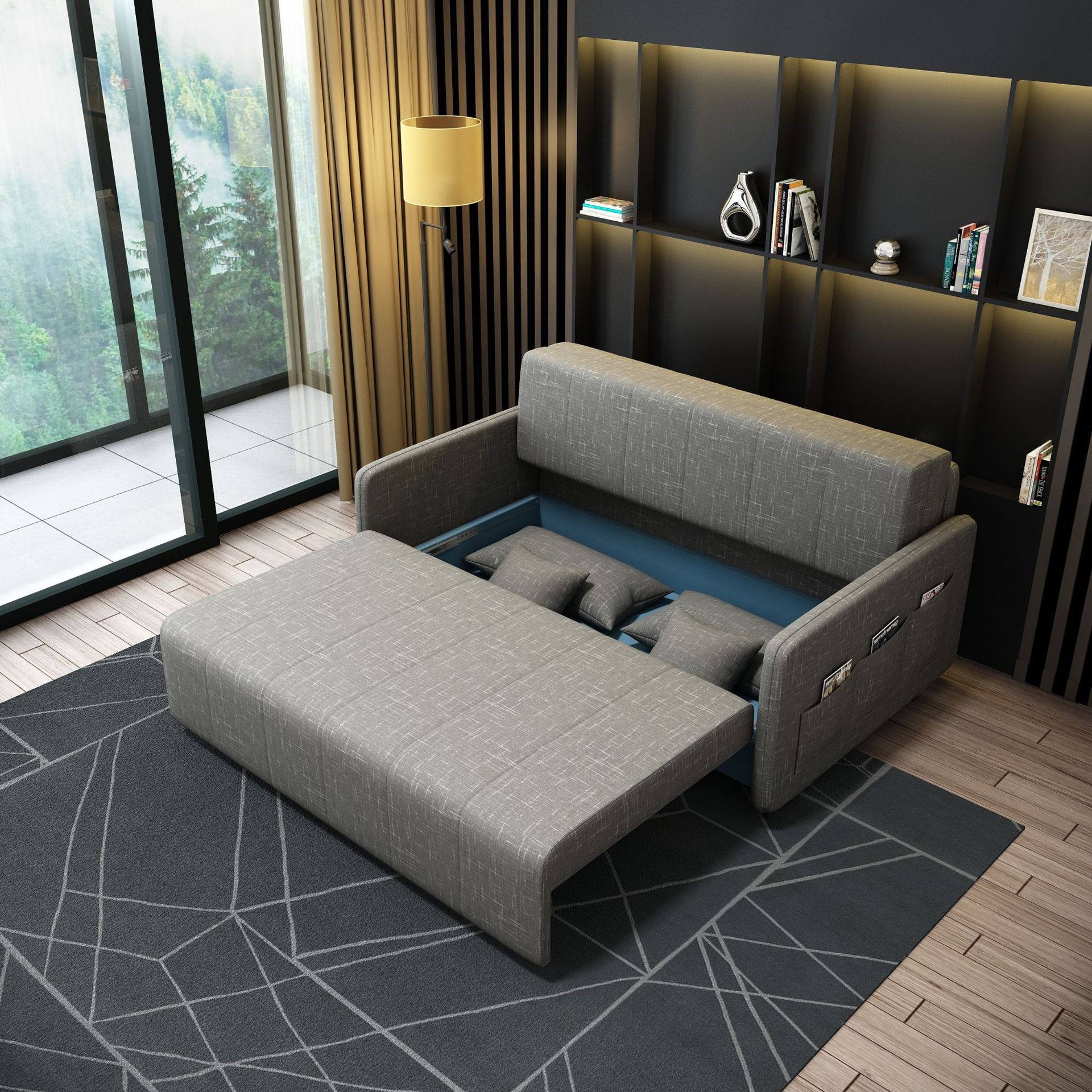 Almacenamiento plegable sofá cama multifuncional tela doble uso pequeño sofá de doble persona blanco simple inswind