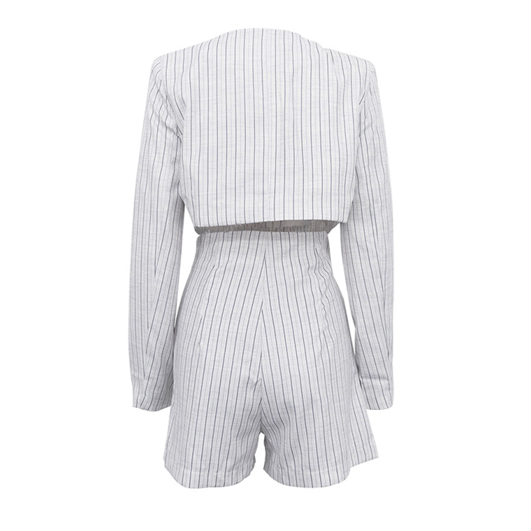 Women Spring Clothing Chinese Niche Design Long Sleeve Deep V Plunge Jacket High Waist Shorts Striped Set