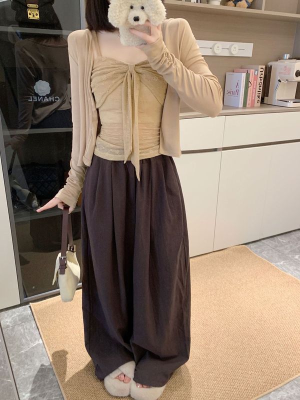 大码纯欲风蕾丝蝴蝶结吊带背心女秋季新款开衫上衣两件套|undefined
