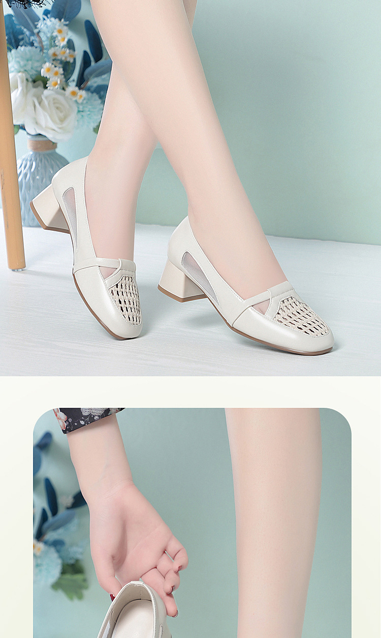 Giày sandal nữ da thật đan lưới gót thấp mũi nhọn thoáng khí — màu be chi tiết 12