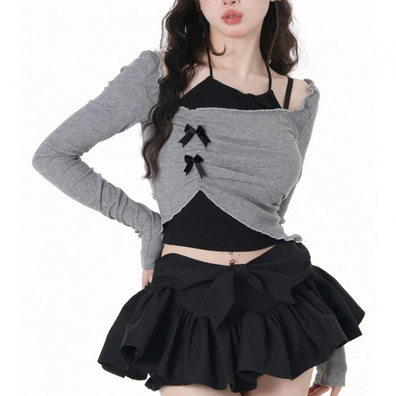 Small Irregular Long-sleeved T-shirt with Inner Sling Top Women's Spring and Autumn suit Ruffled Skirt Three-piece Set