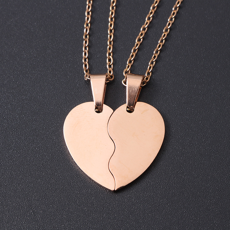 跨境现货分裂的心形个性时尚钛钢情侣项链桃心爱心组合套装吊坠