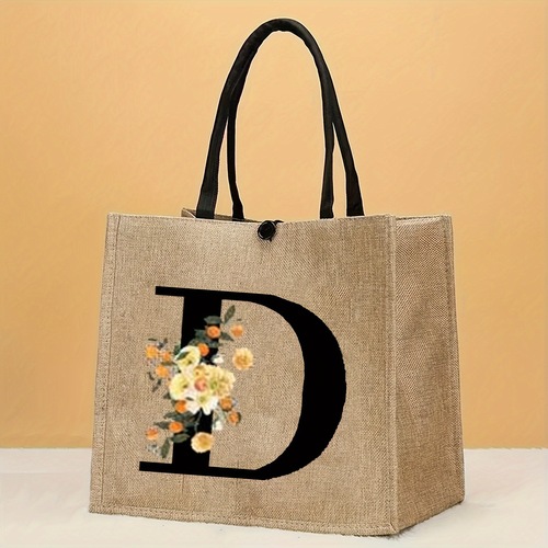Large-capacity, trendy letter-printed tote bag—durable jute pouch, casual handbag perfect for students, commuters, and shopping trips.