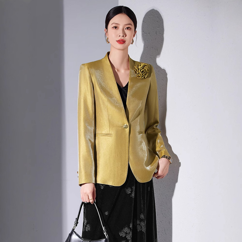 High-end Acetic Acid Satin Professional Suit Jacket Women's Autumn New Light Luxury Western Style Suit Elegant Tight Waist OL Top