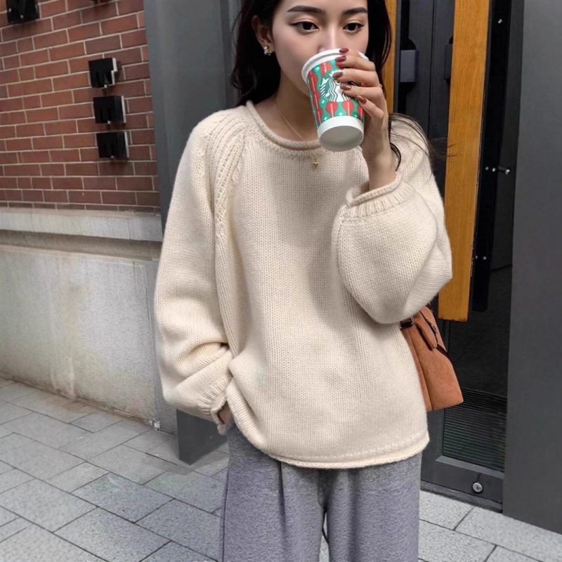 法式洋气黄色针织衫毛衣套头2025新款女早秋粗棒针宽松慵懒风上衣|undefined
