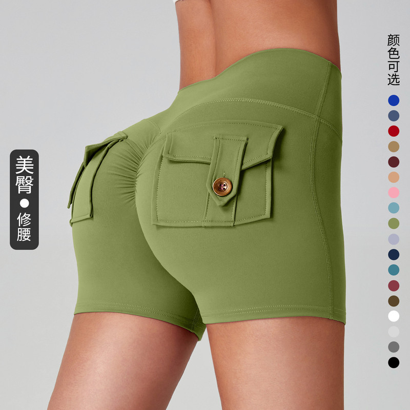Nude High-Elastic Running Quick-Drying Sports Shorts Workwear High-Waist Flap Pocket Pants Yoga Shorts Peach Butt Fitness Three-Quarter Pants